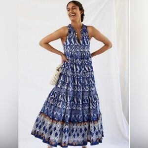 Anthropologie Blue and White Geometric Tiered Maxi Dress Diaz cotton like new XL